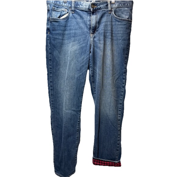 Eddie Bauer Jeans 12 Red Checked  Flannel Lined Boyfriend Relaxed Fit Straight - Picture 1 of 9